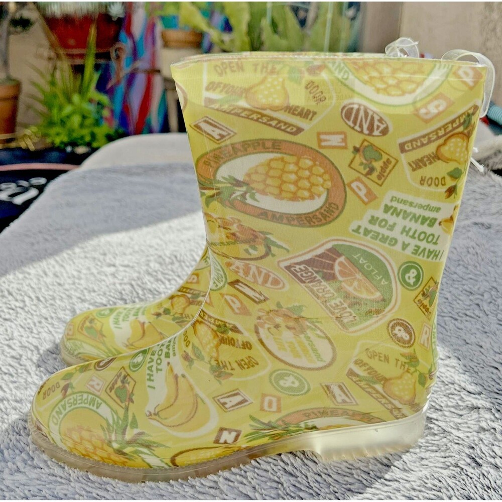 Jelly Beans Fruit Print Rain Boots Kids Size 4 Yellow Clear Rubber Boots